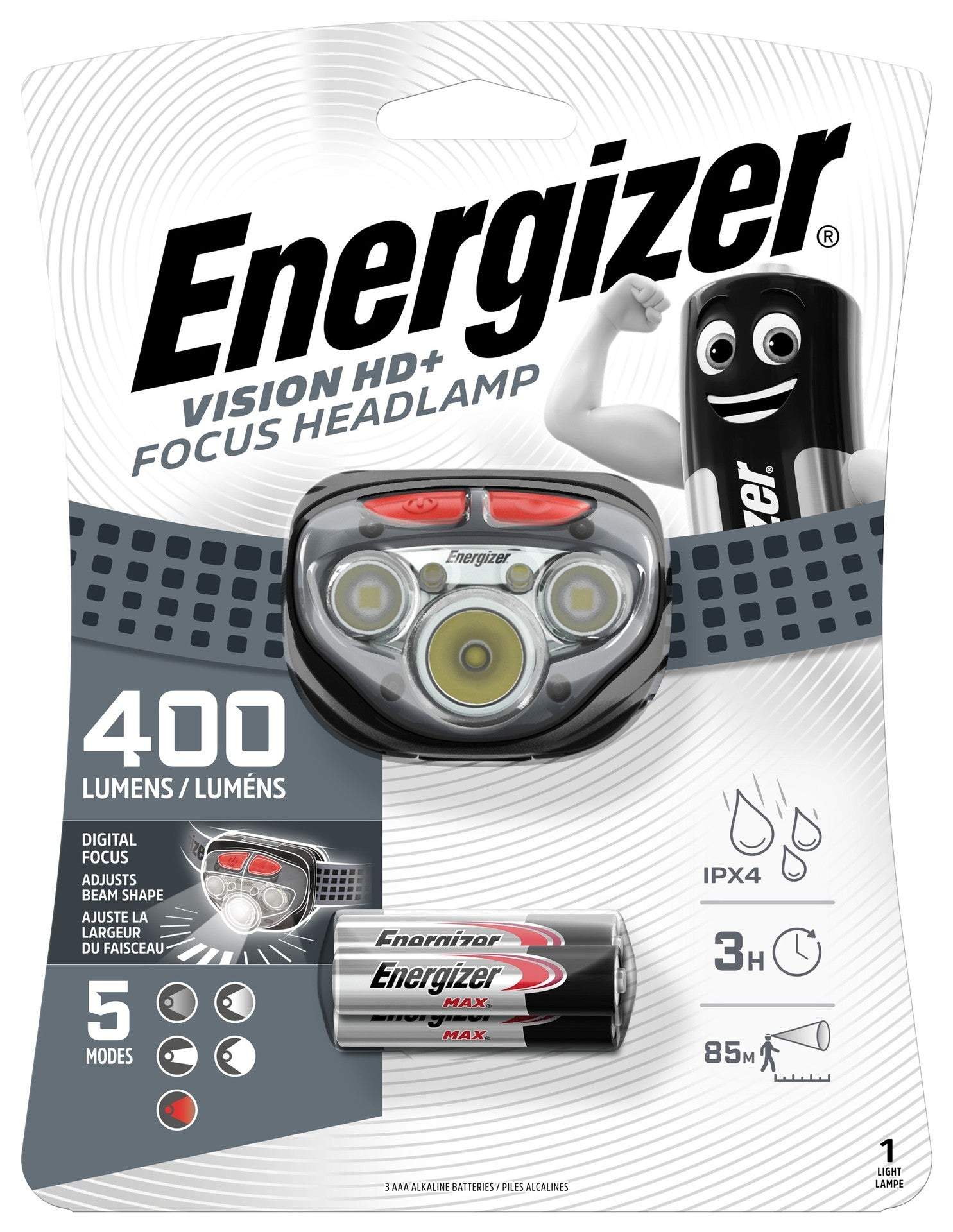 Frontale Energizer Vision HD+ Focus 400lm avec 3 piles AAA