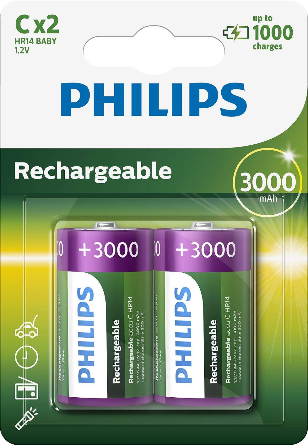 2 Piles Rechargeables C / HR14 3000mAh Philips