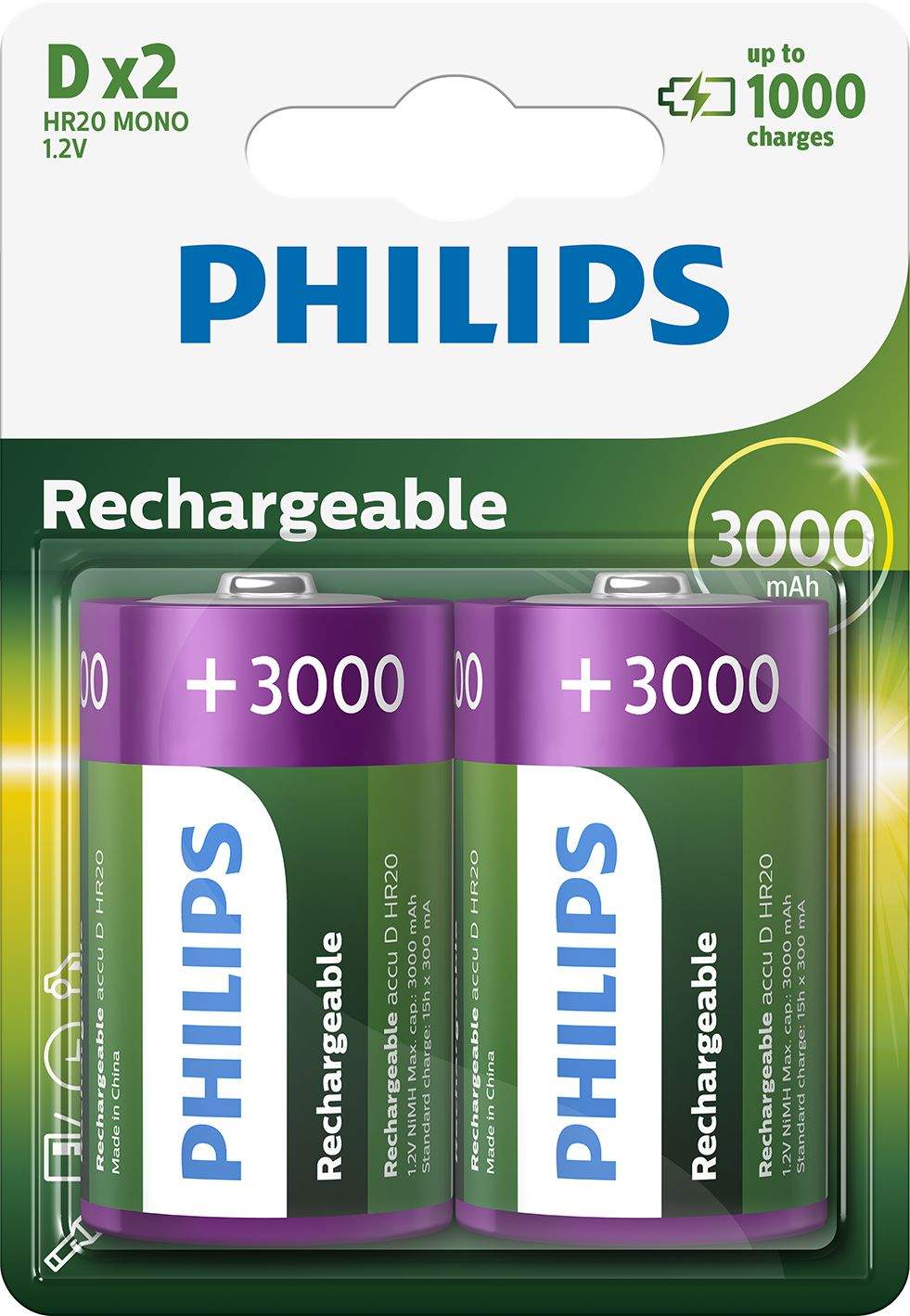 2 Piles Rechargeables D / HR20 3000mAh Philips