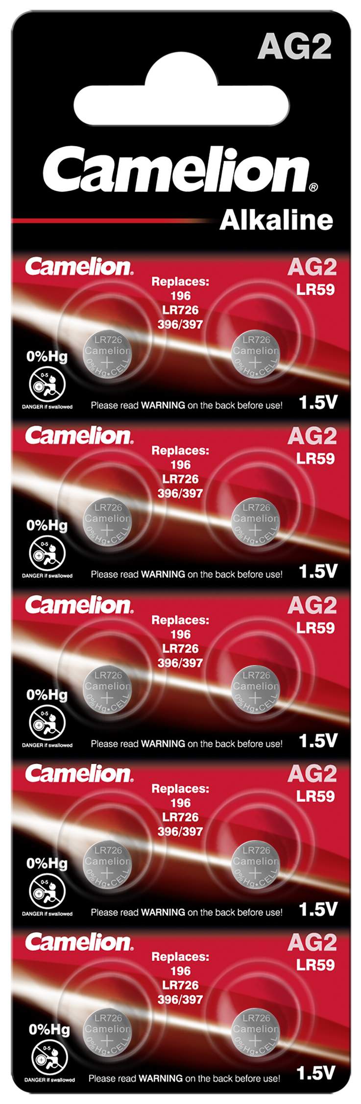 10 Piles AG2 / LR726 / 396 / 397 / 196 / LR59 Camelion Alcaline 1,5V