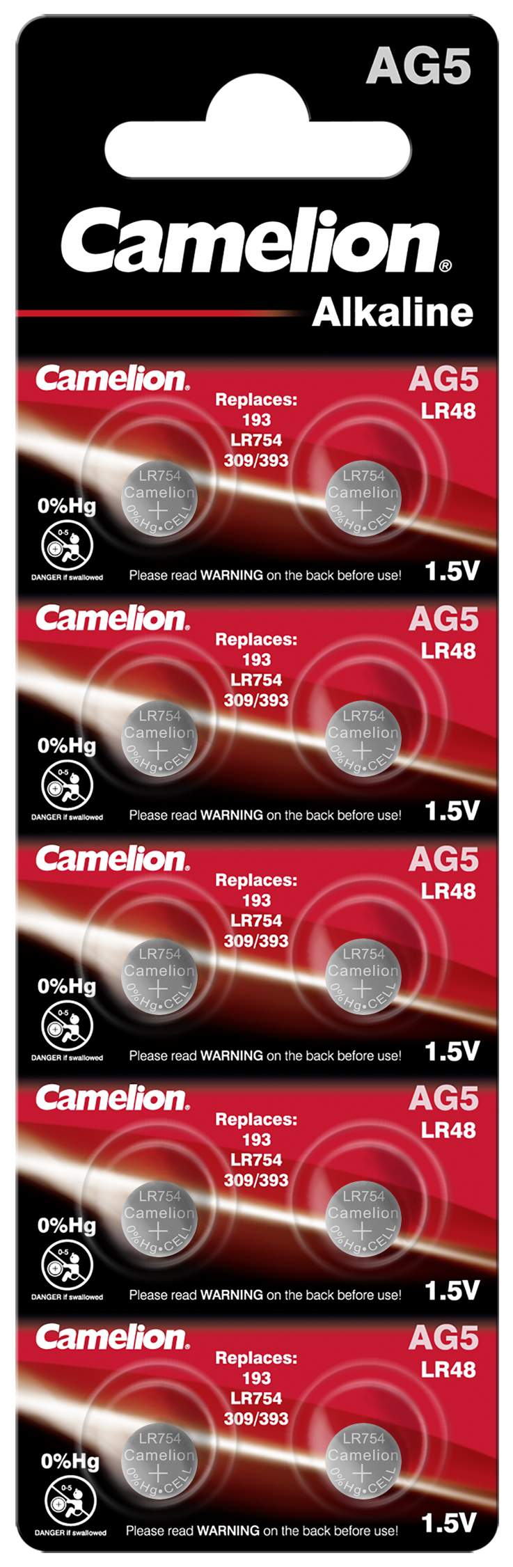 10 Piles AG5 / LR48 / LR754 / 393 / 309 / 193 Camelion Alcaline 1,5V