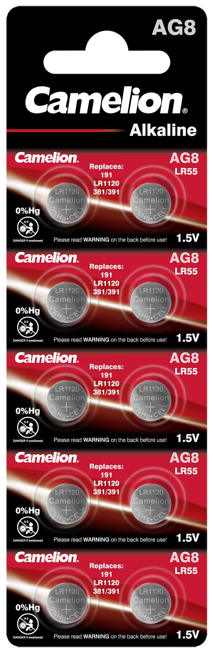10 Piles AG8 / LR55 / LR1120 / 381 / 391 / 191 Camelion Alcaline 1,5V