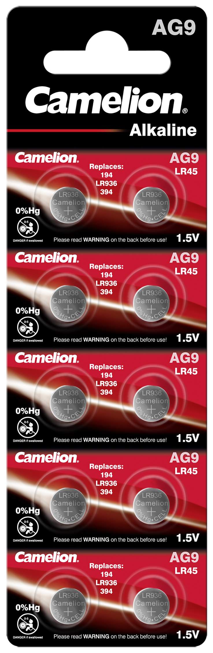 10 Piles AG9 / LR45 / LR936 / 394 / 194 Camelion Alcaline 1,5V