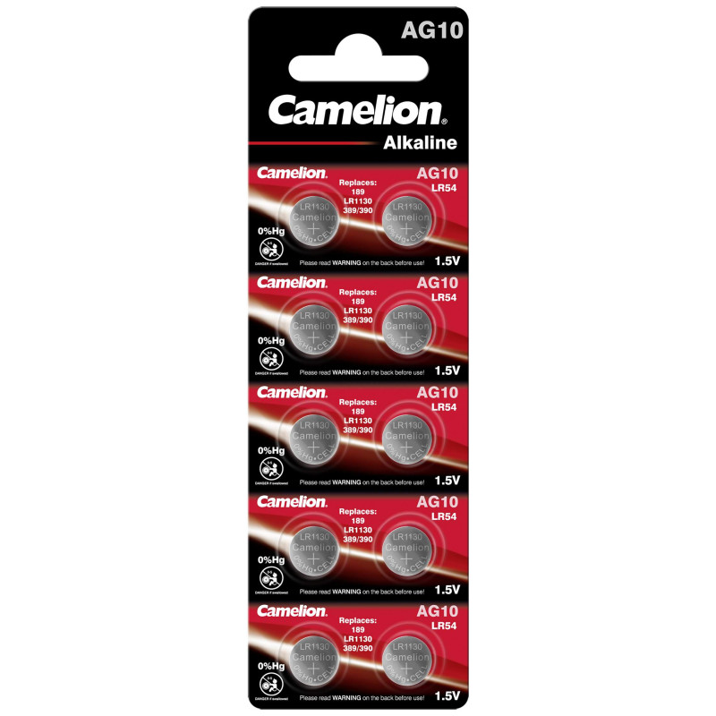 10 Piles AG10 / LR54 / LR1130 / 189 Camelion Alcaline 1,5V