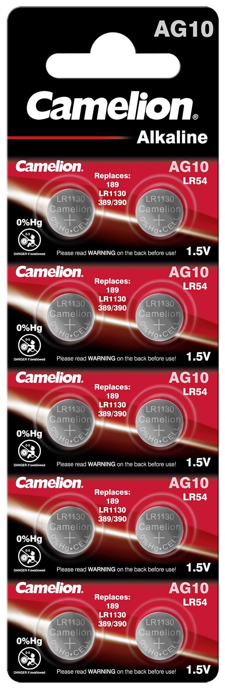 10 Piles AG10 / LR54 / LR1130 / 189 Camelion Alcaline 1,5V