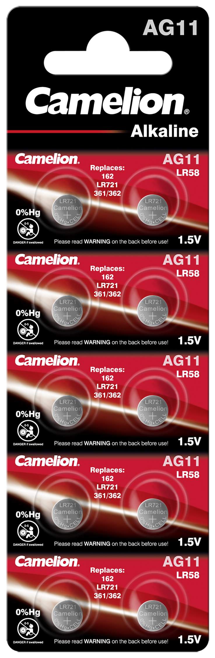 10 Piles AG11 / LR58 / LR721 / 362 / 361 / 162 Camelion Alcaline 1,5V