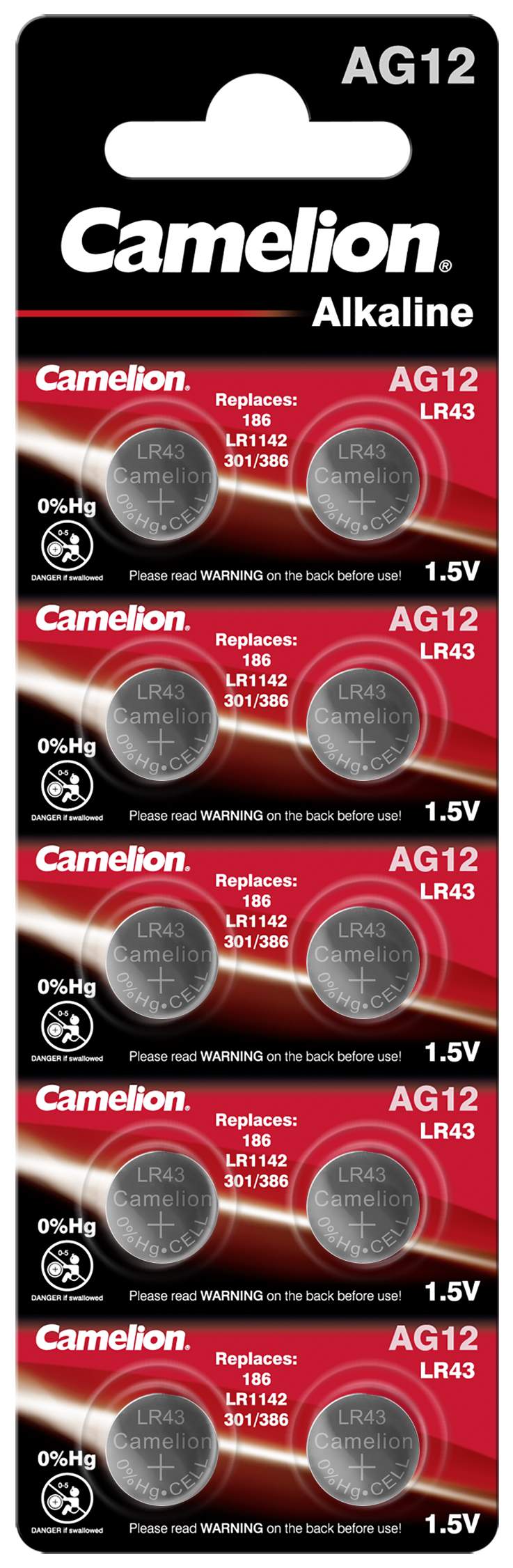 10 Piles AG12 / LR43 / LR1142 / 301 / 386 / 186 Camelion Alcaline 1,5V