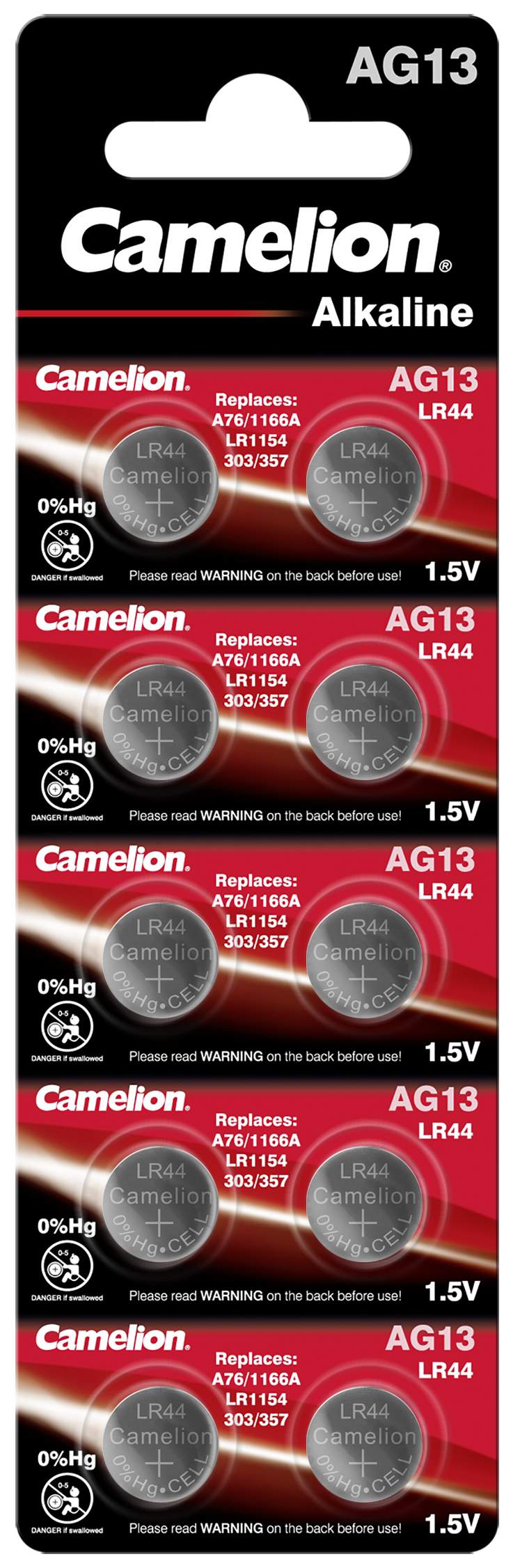 10 Piles AG13 / LR44 / LR1154 / 1166A Camelion Alcaline 1,5V