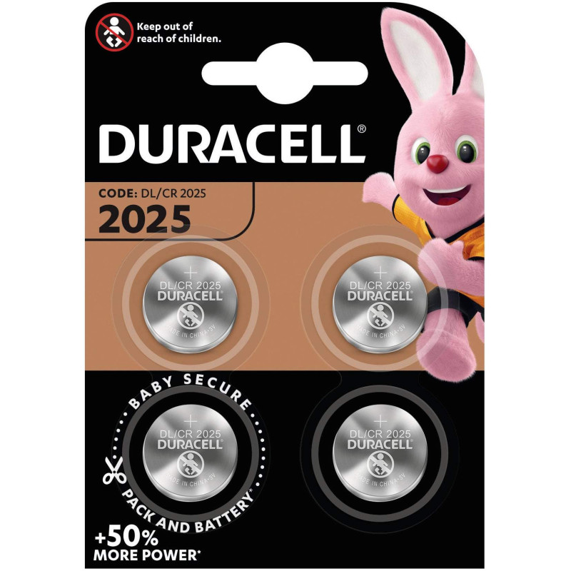 4 Piles CR2025 Duracell Bouton Lithium 3V