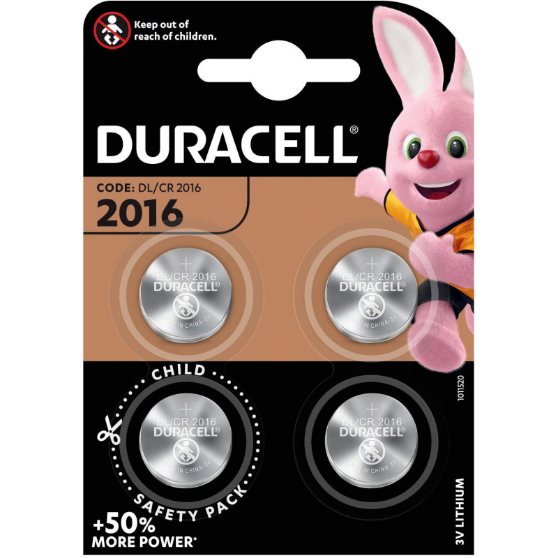 4 Piles CR2016 Duracell Bouton Lithium 3V