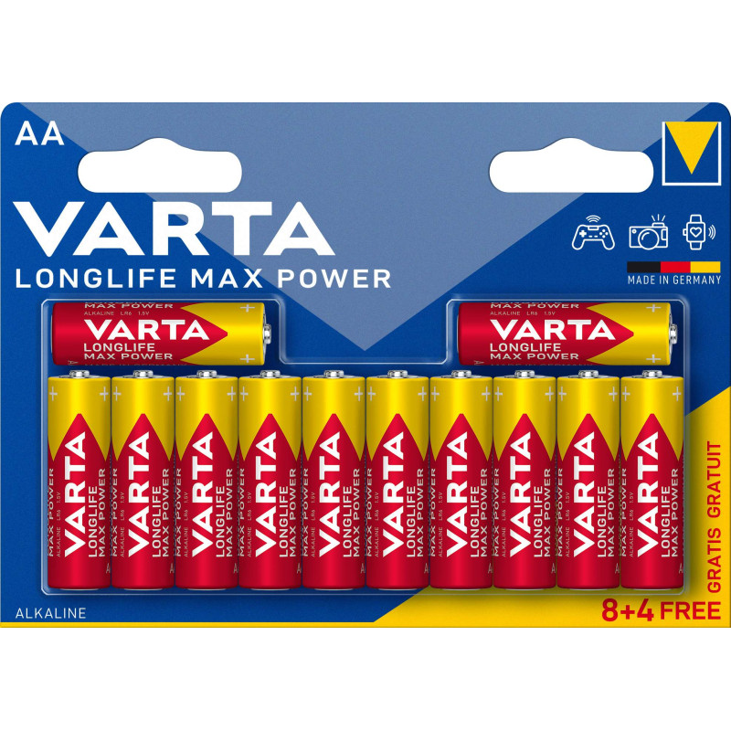 8+4 Piles Alcalines AA / LR6 Varta LongLife Max Power