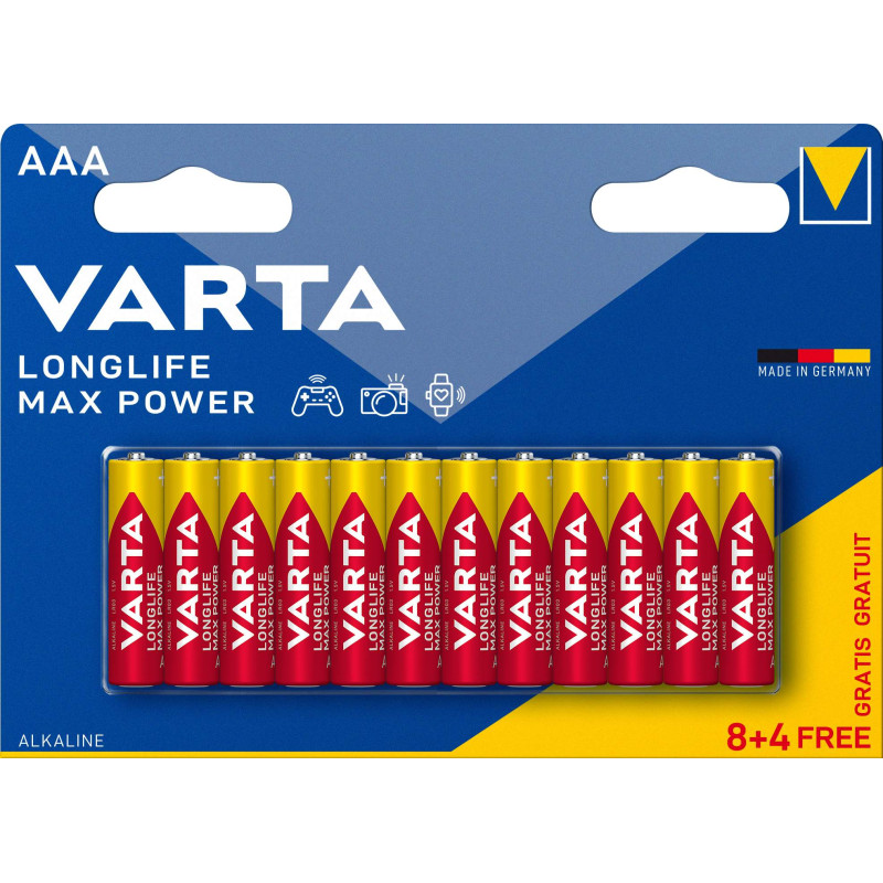 8+4 Piles Alcalines AAA / LR03 Varta LongLife Max Power