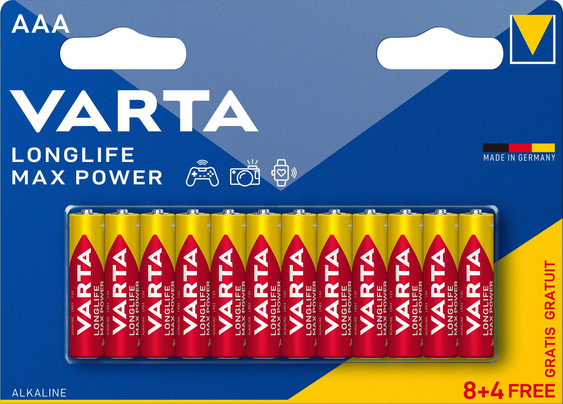 8+4 Piles Alcalines AAA / LR03 Varta LongLife Max Power