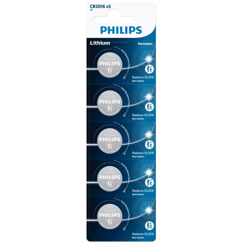 5 Piles CR2016 Philips Bouton Lithium 3V
