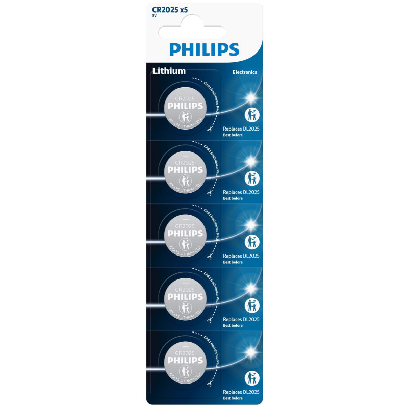 5 Piles CR2025 Philips Bouton Lithium 3V