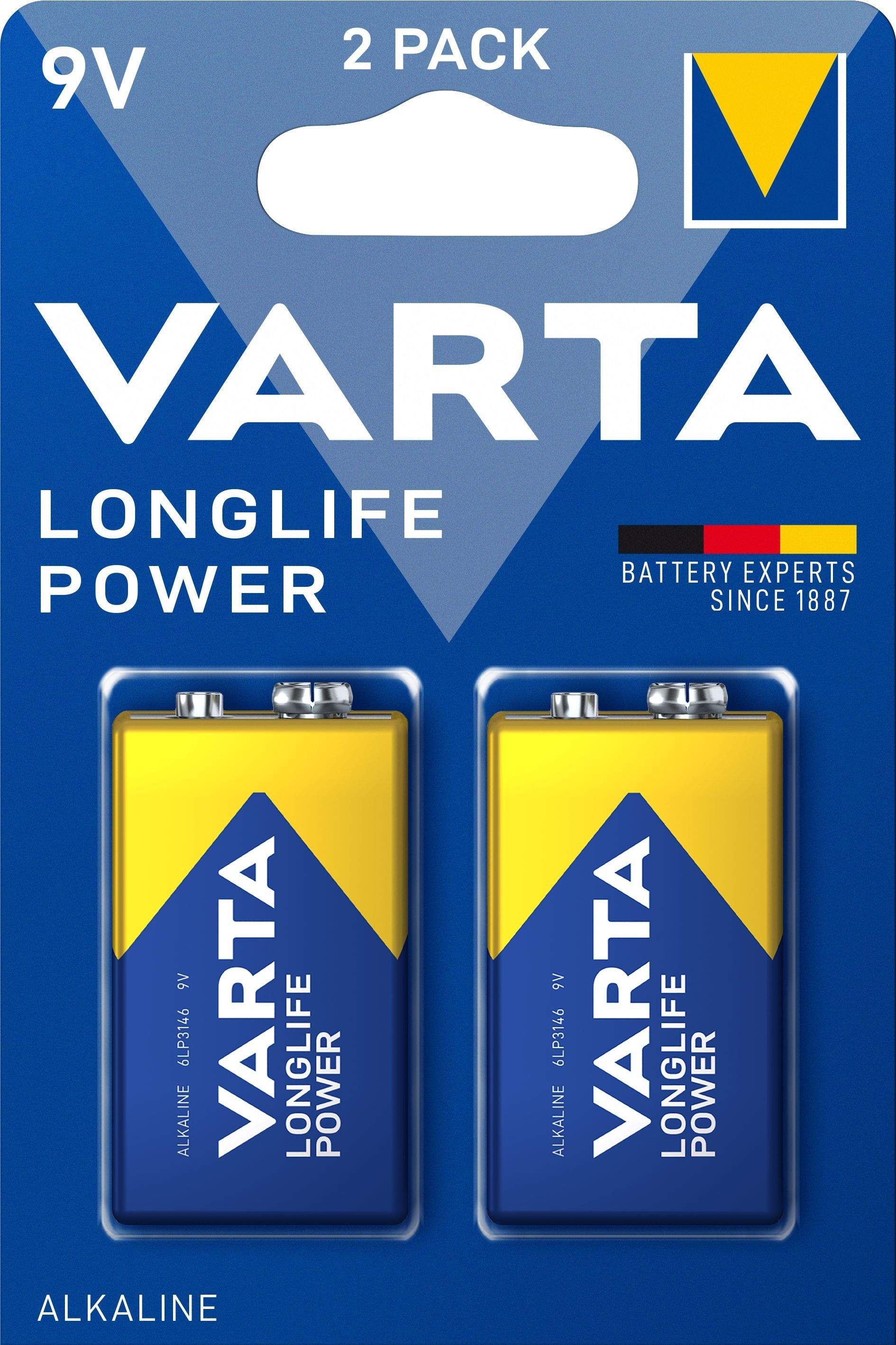 2 Piles Alcalines 9V / 6LR61 Varta LongLife Power