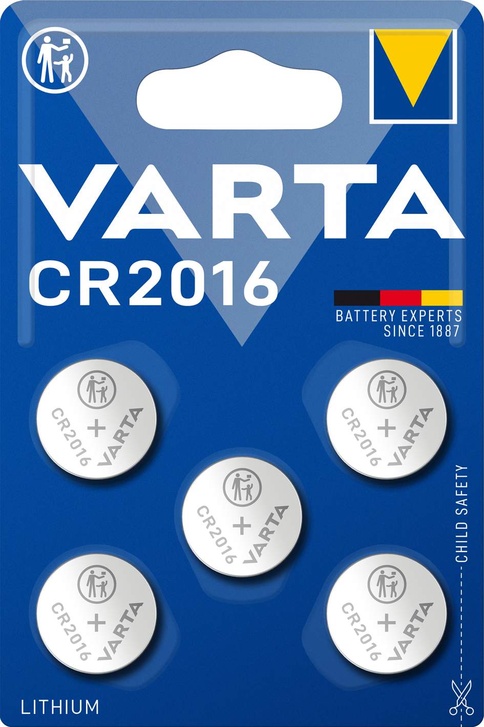 5 Piles CR2016 Varta Bouton Lithium 3V
