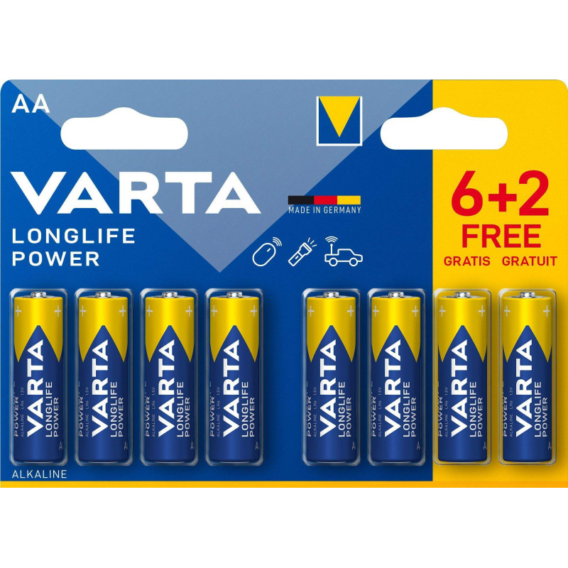 Varta Alcaline LongLife Power AA / LR6 par 6+2 gratuites