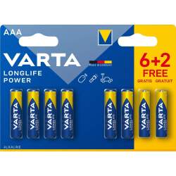 Varta Alcaline LongLife Power AAA / LR03 par 6+2 gratuites