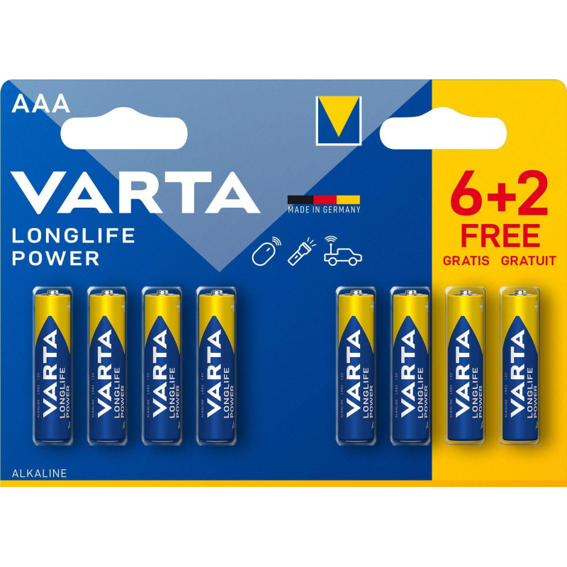 Varta Alcaline LongLife Power AAA / LR03 par 6+2 gratuites