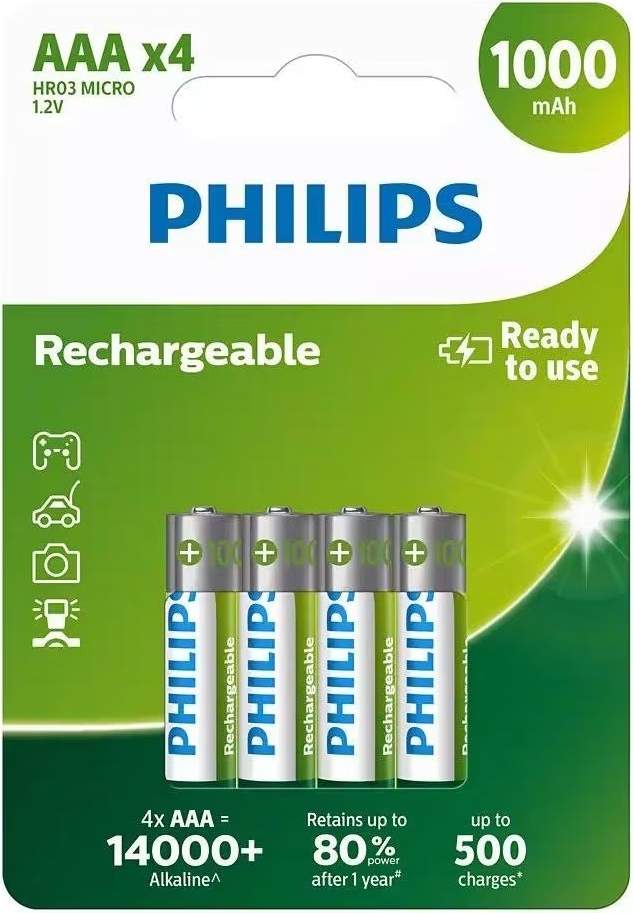 4 Piles Rechargeables AAA / HR03 1000mAh Philips - Bestpiles