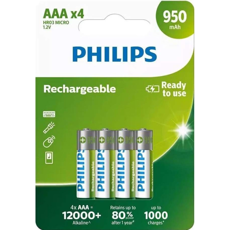 4 Piles Rechargeables AAA / HR03 950mAh Philips