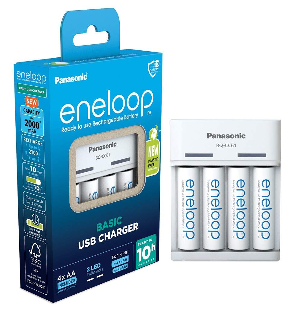 Chargeur Panasonic Eneloop Basic USB Charger BQ-CC61 avec 4 piles AA 2000mAh