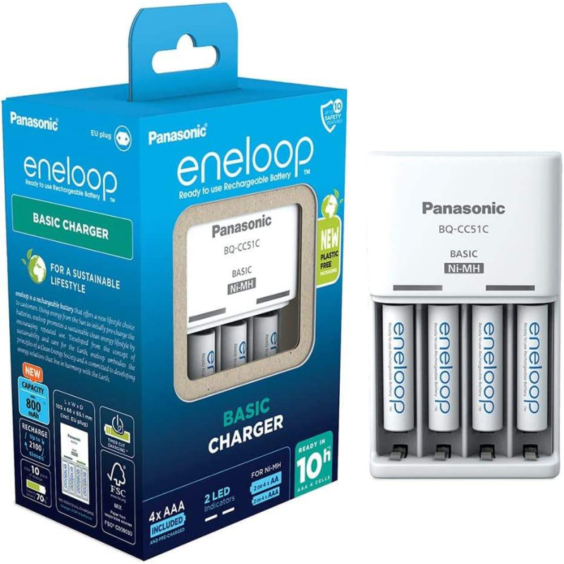 Chargeur Panasonic Eneloop Basic Charger BQ-CC51C avec 4 piles AAA 800mAh