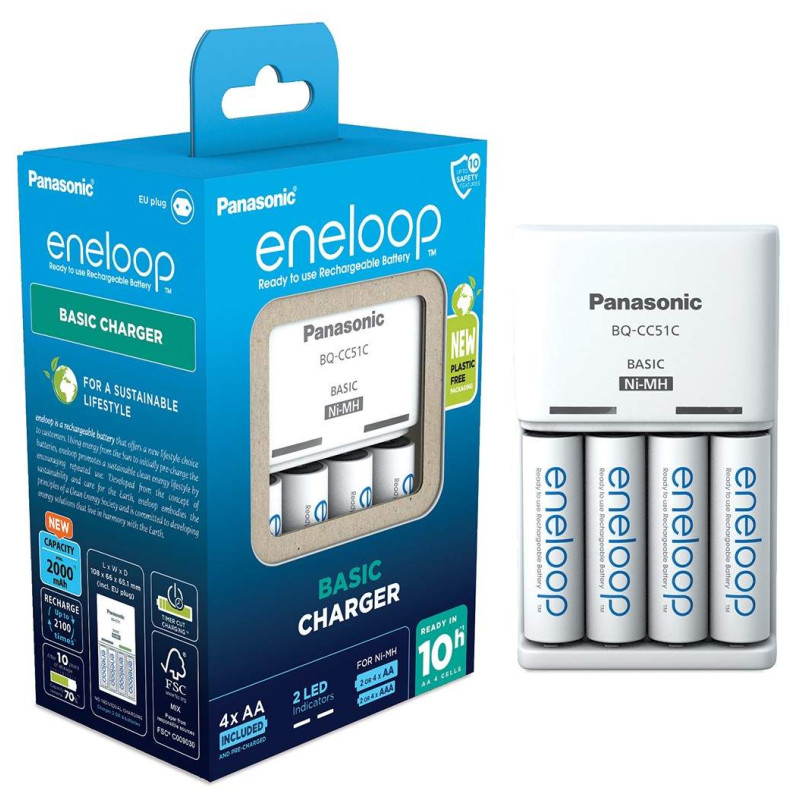 Chargeur Panasonic Eneloop Basic Charger BQ-CC51C avec 4 piles AA 2000mAh