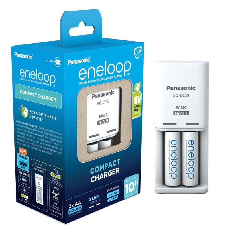 Chargeur Panasonic Eneloop Compact Charger BQ-CC50 avec 2 piles AA 2000mAh