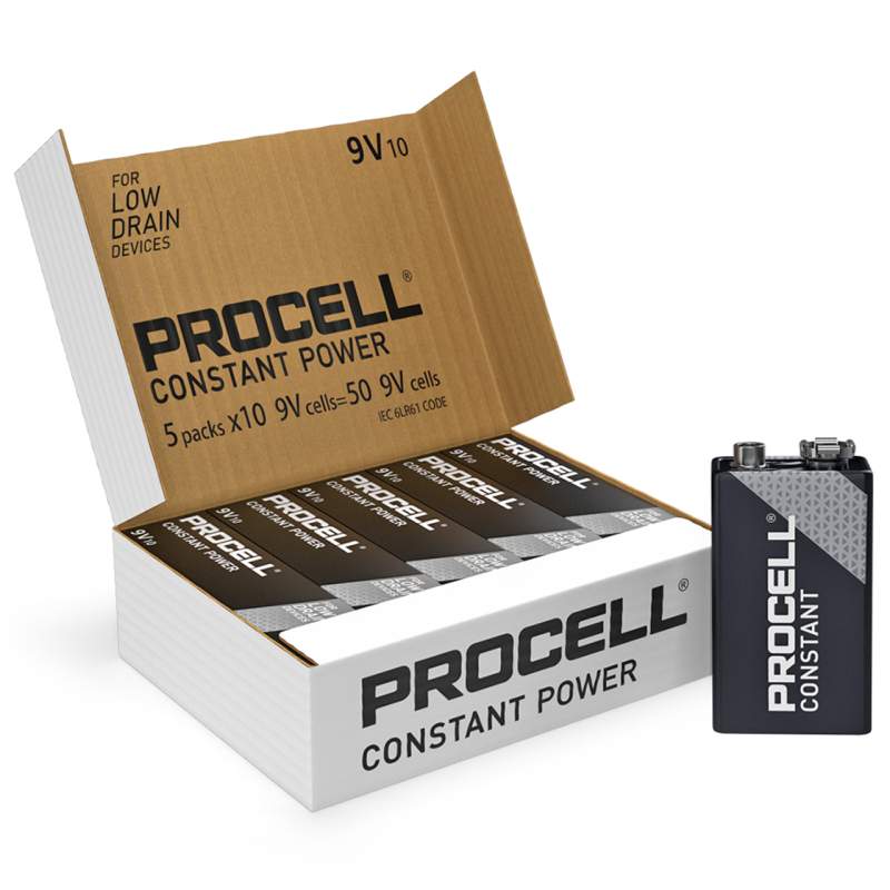 50 Piles Alcalines 9V / 6LR61 Duracell Procell Constant