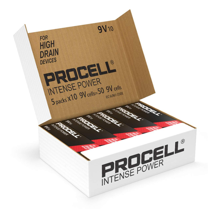 50 Piles Alcalines 9V / 6LR61 Duracell Procell Intense