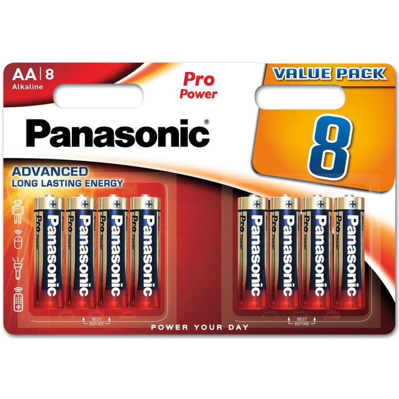 8 Piles Alcalines AA / LR6 Panasonic Pro Power