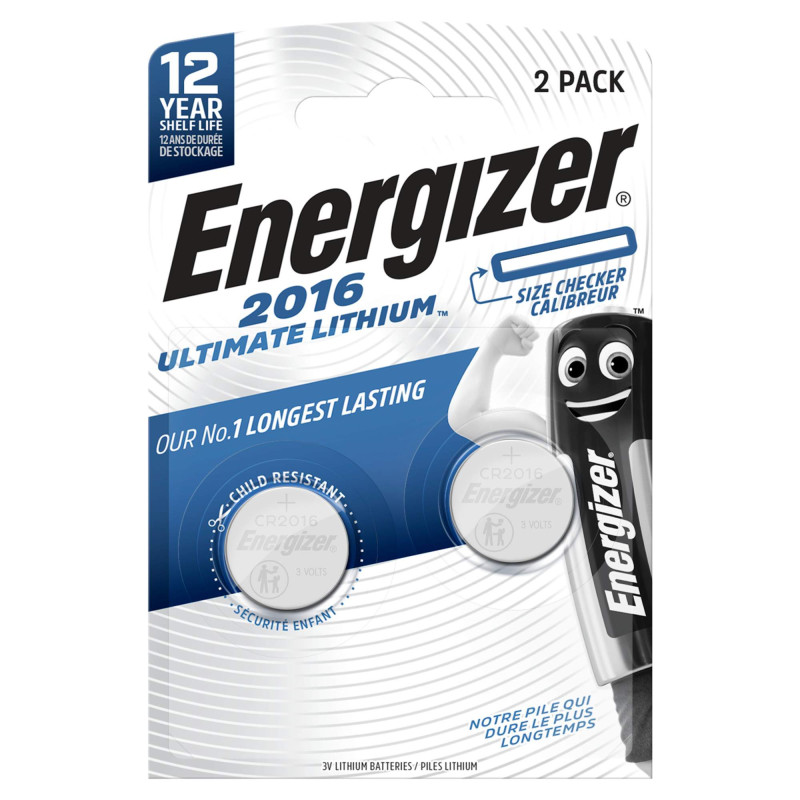 2 Piles CR2016 Energizer Bouton Ultimate Lithium 3V