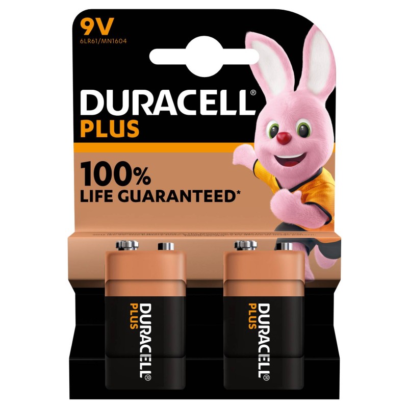 2 Piles Alcalines 9V / 6LR61 Duracell Plus