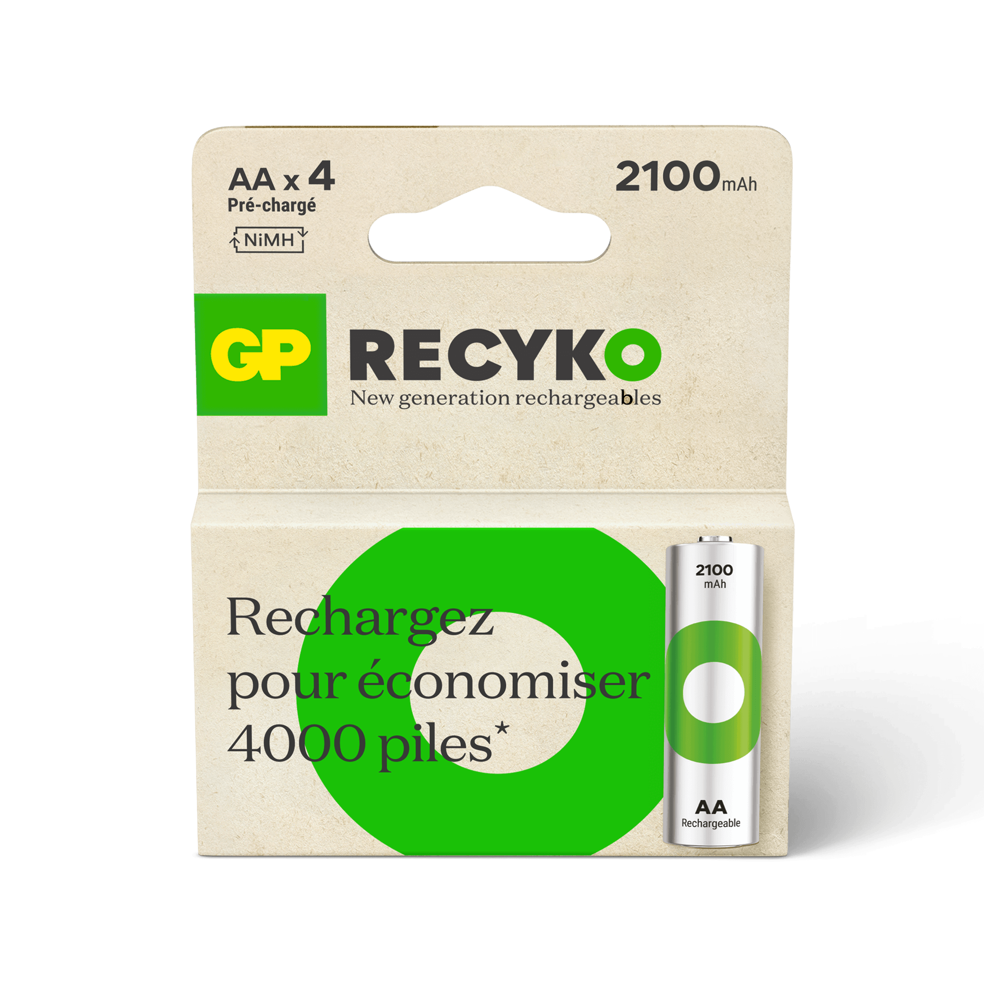 4 Piles Rechargeables AA / HR6 2100mAh GP ReCyko