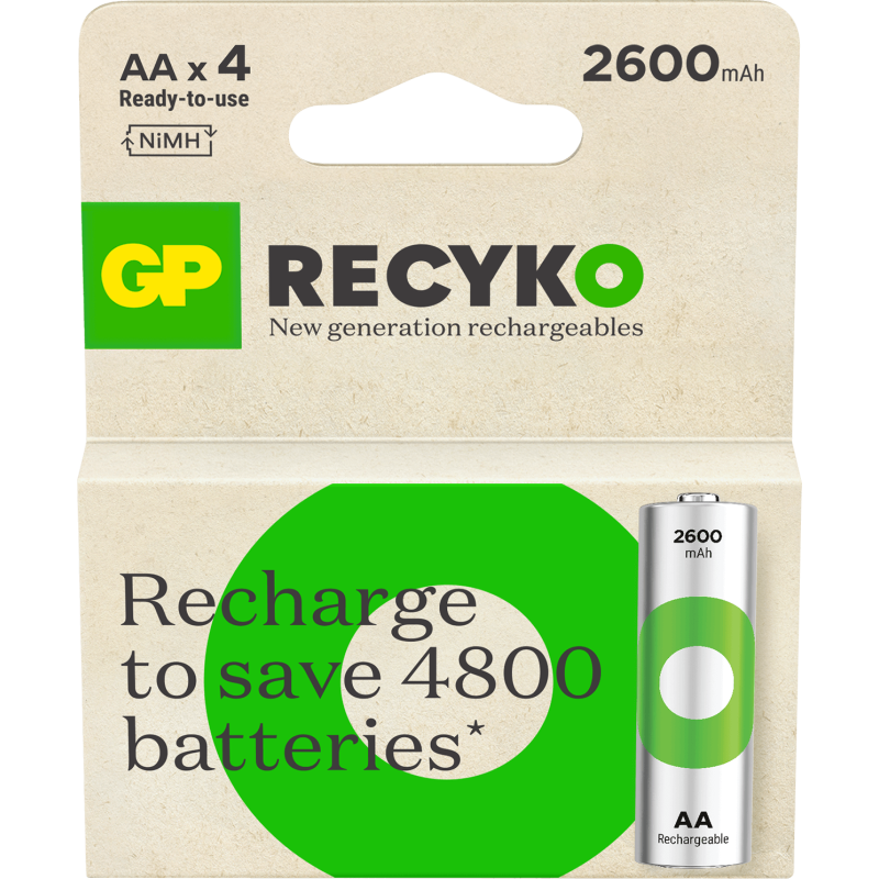 4 Piles Rechargeables AA / HR6 2600mAh GP ReCyko