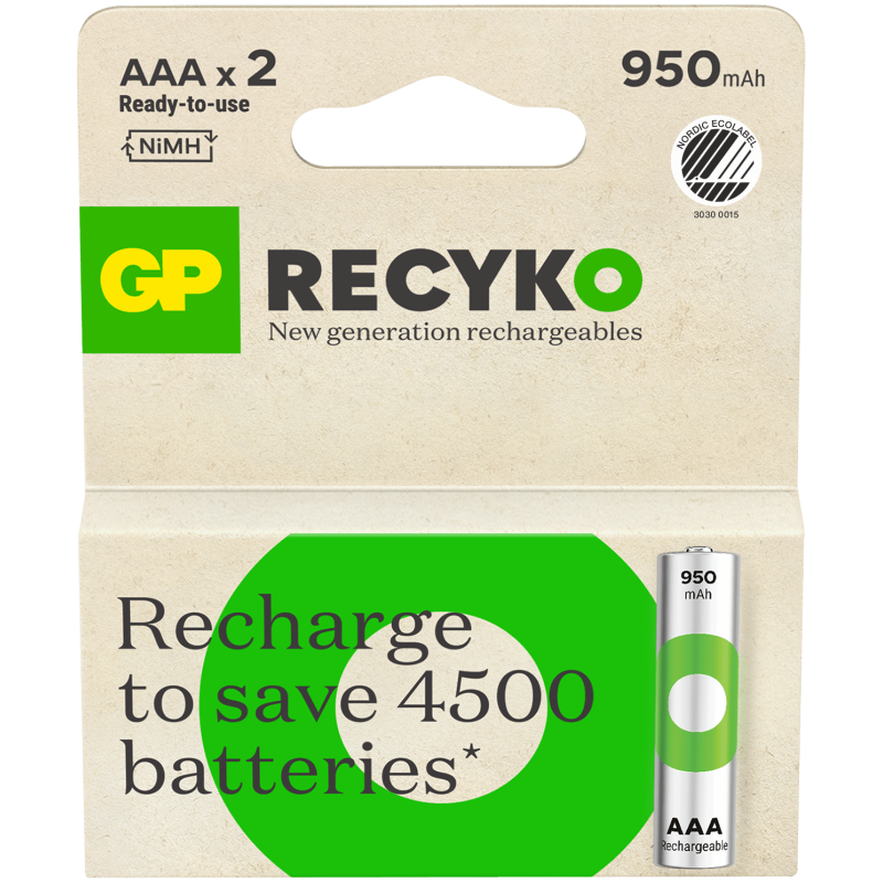 2 Piles Rechargeables AAA / HR03 950mAh GP ReCyko