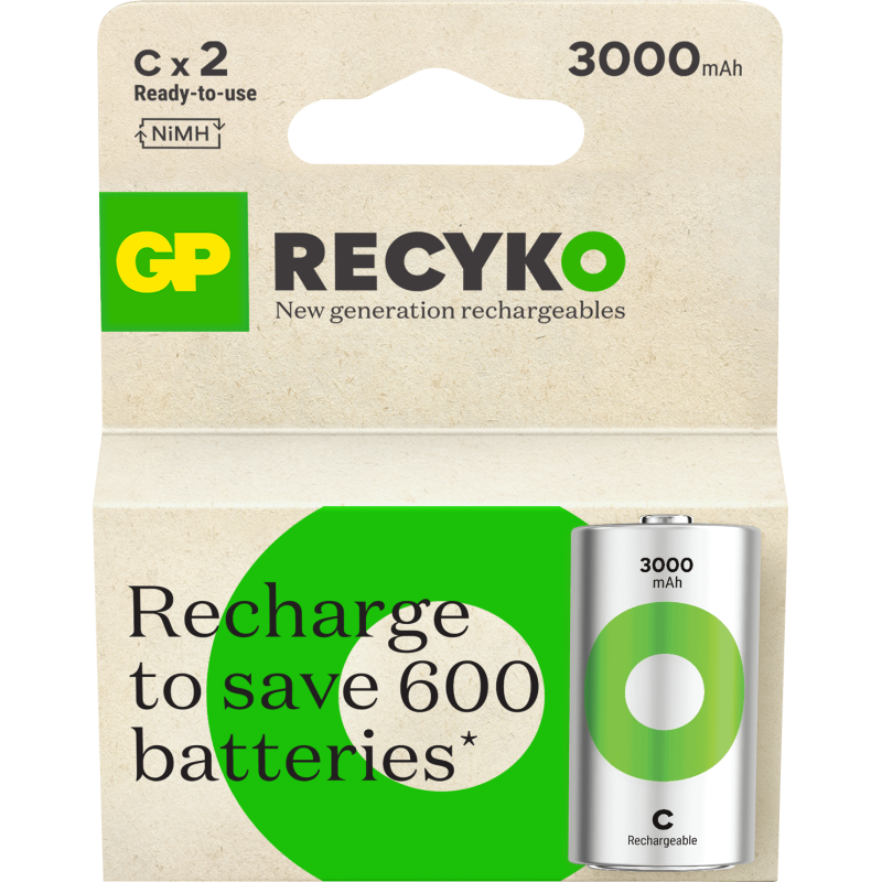 2 Piles Rechargeables C / HR14 3000mAh GP ReCyko