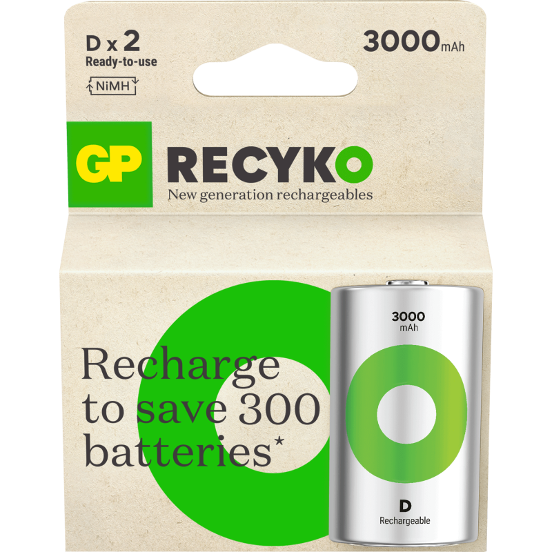 2 Piles Rechargeables D / HR20 3000mAh GP ReCyko