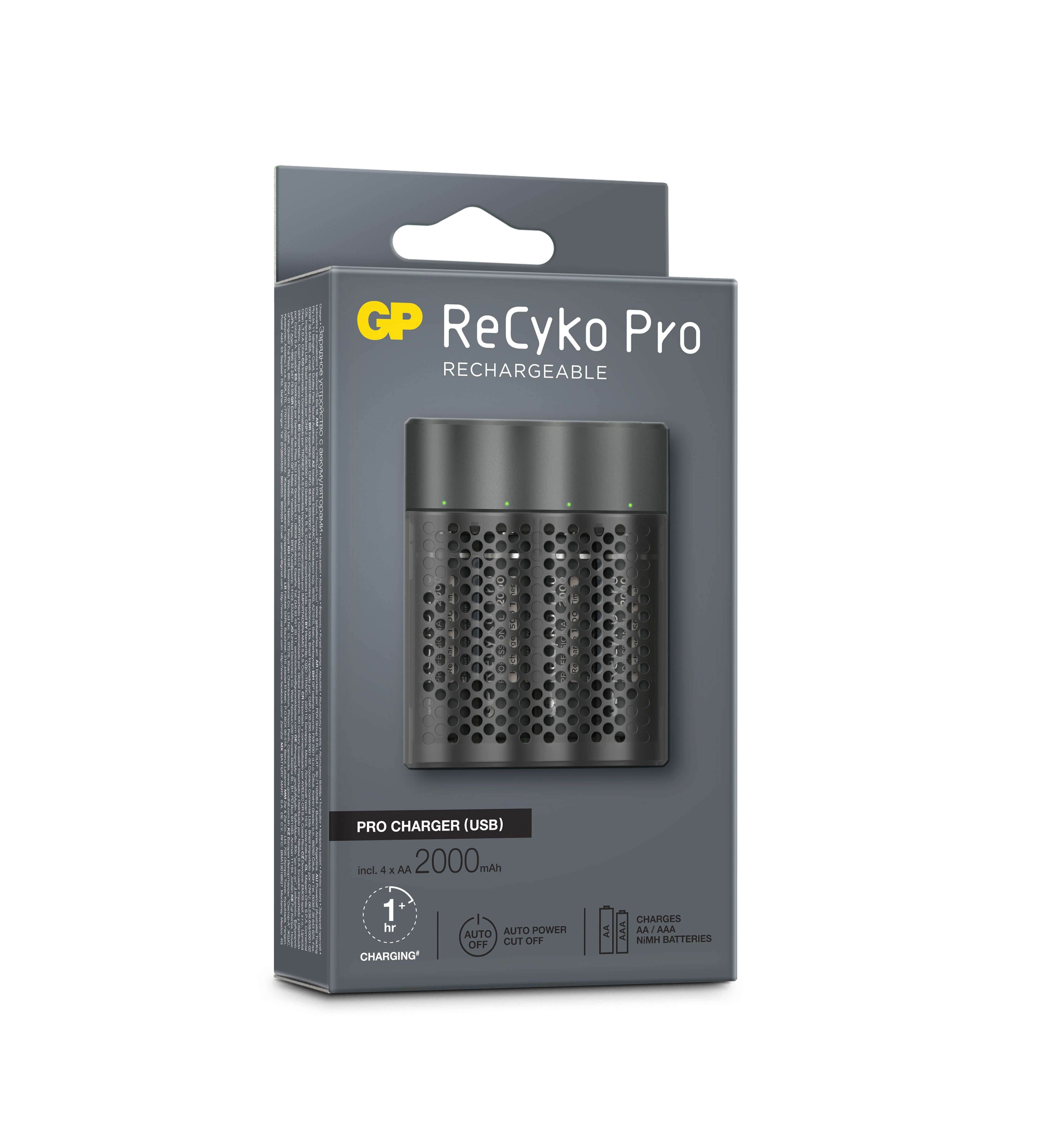 Chargeur Rapide USB GP M452 Avec 4 Piles AA Rechargeables 2600 MAh - Charge Intelligente, Indicateur LED - Gris