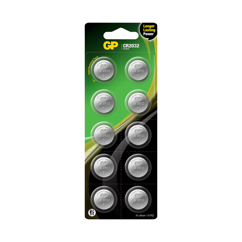 10 Piles CR2032 GP Bouton Lithium 3V