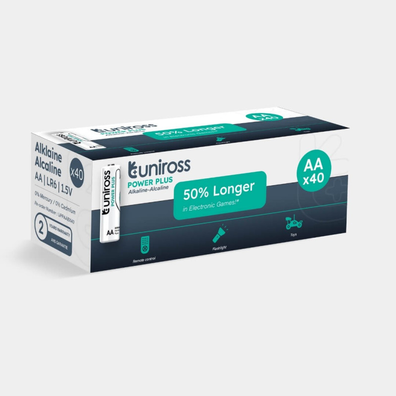 40 Piles Alcalines AA / LR6 Uniross Power Plus