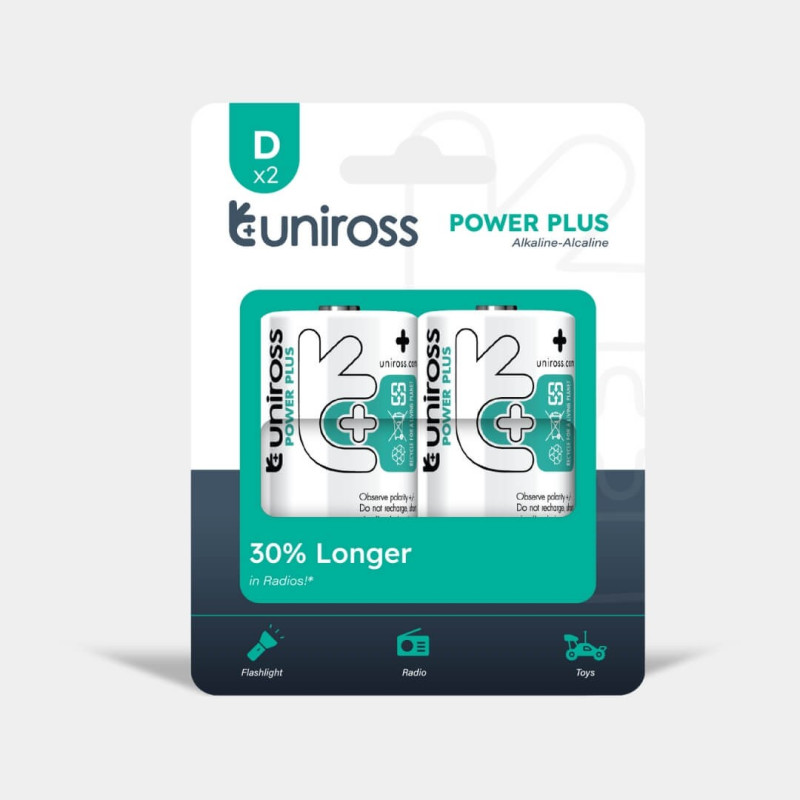 2 Piles Alcalines D / LR20 Uniross Power Plus