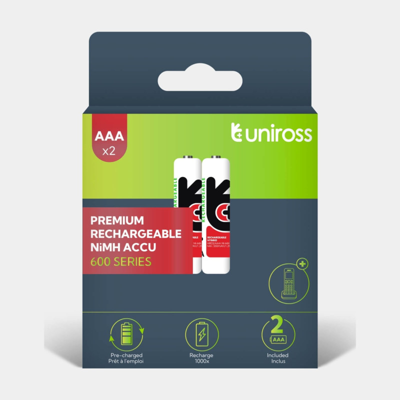 2 Piles Rechargeables AAA / HR03 600mAh Uniross Premium Accu
