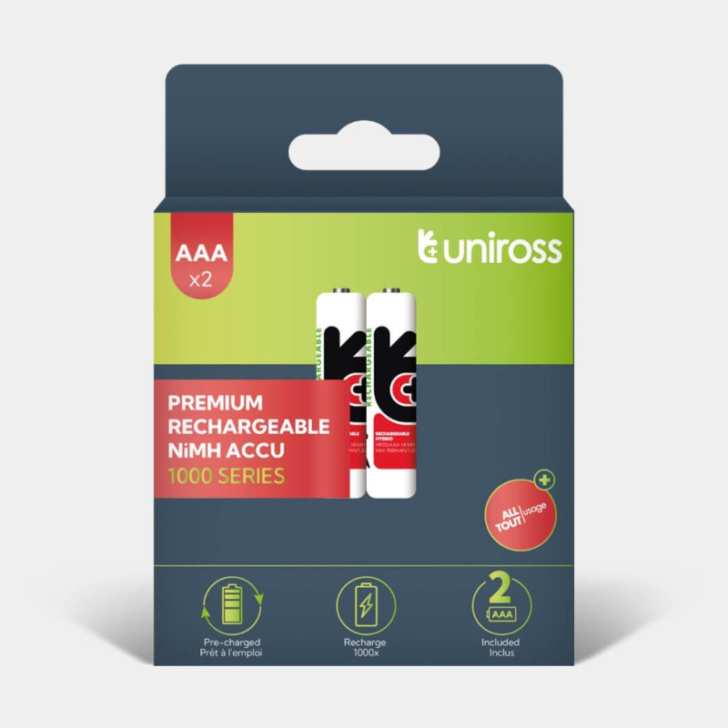 2 Piles Rechargeables AAA / HR03 1000mAh Uniross Premium Accu