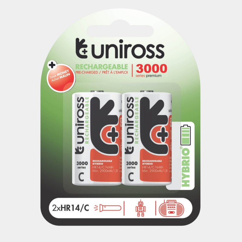 2 Piles Rechargeables C / HR14 3000mAh Uniross Premium Accu