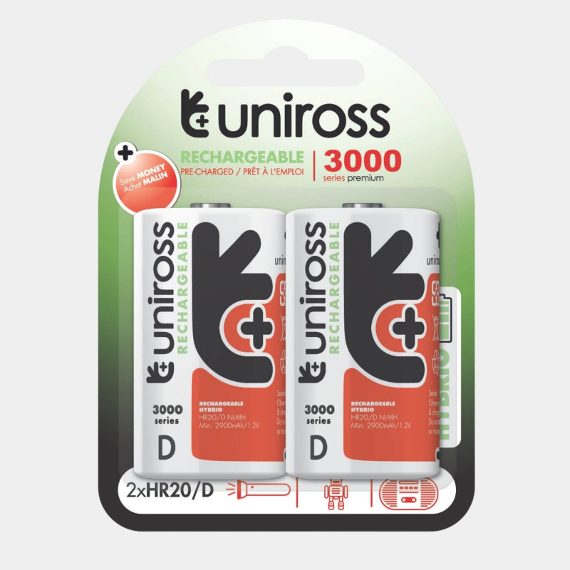 2 Piles Rechargeables D / HR20 3000mAh Uniross Premium Accu