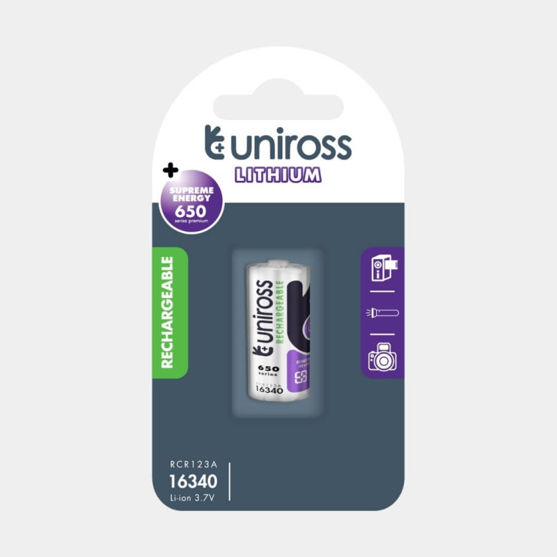 Pile Rechargeable RCR123A / 16340 650mAh Uniross Li-Ion 3,7V Accu