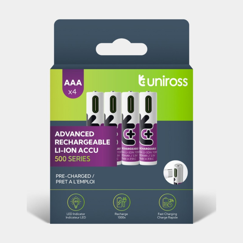 4 Piles Rechargeables USB-C AAA / HR03 Uniross Advanced Li-Ion 1,5V Accu